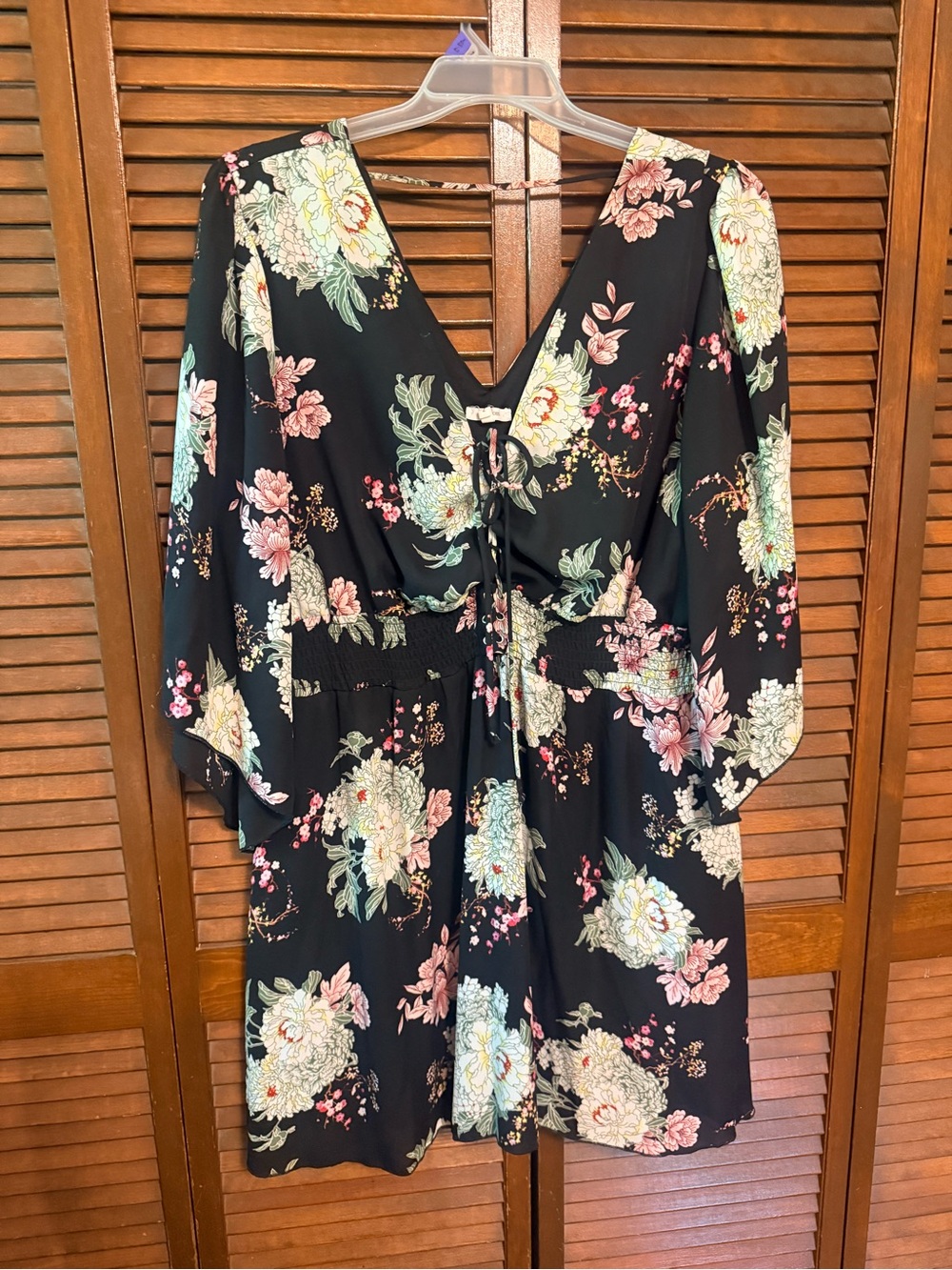 Floral Black V-Neck Elastic Waist Dress